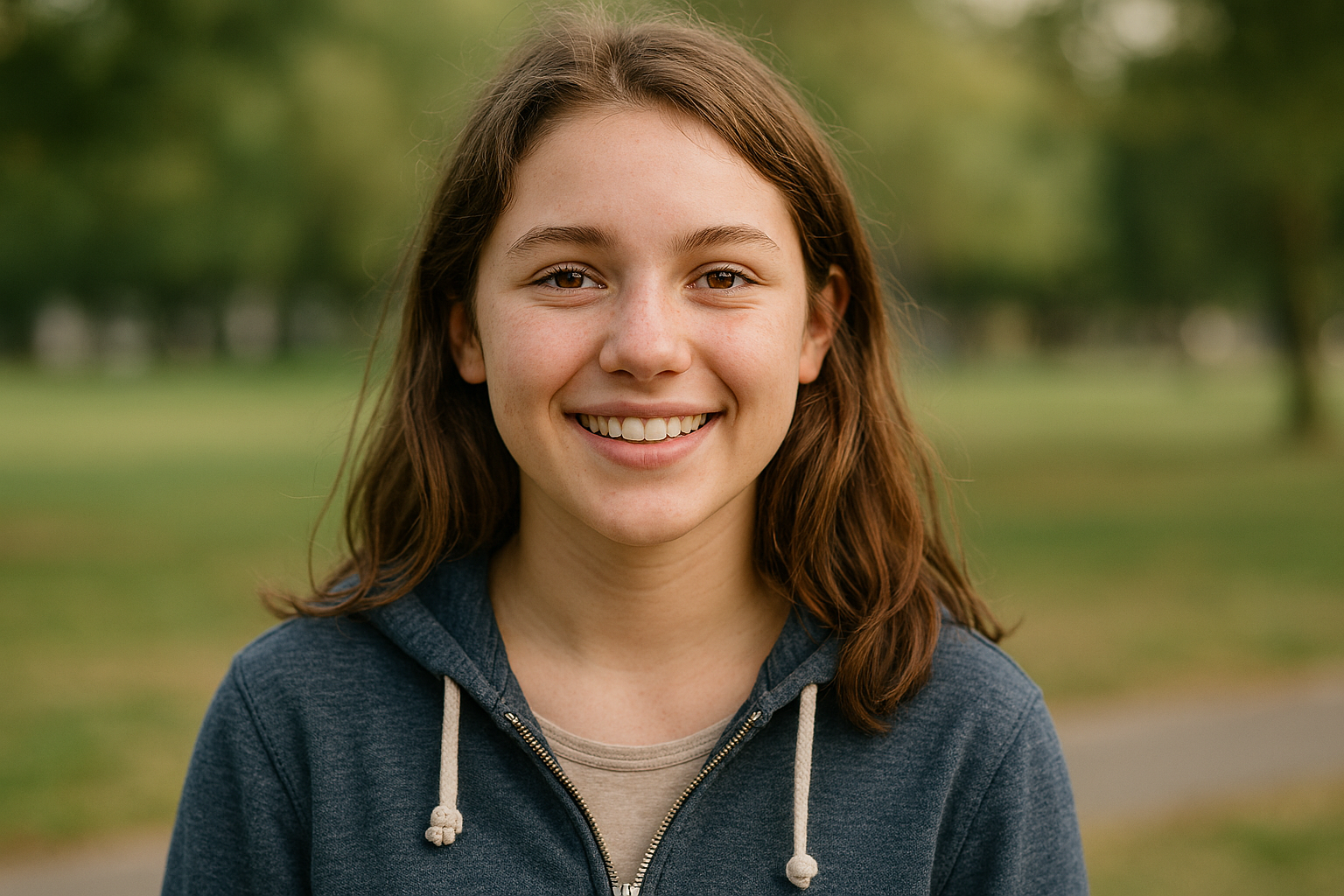 An image of a young girl with long dark brown hair in a hoodie, smiling and looking happy