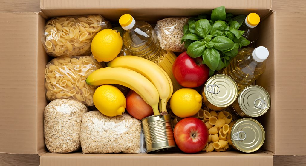 An image of a cardboard box containing a number of food items.