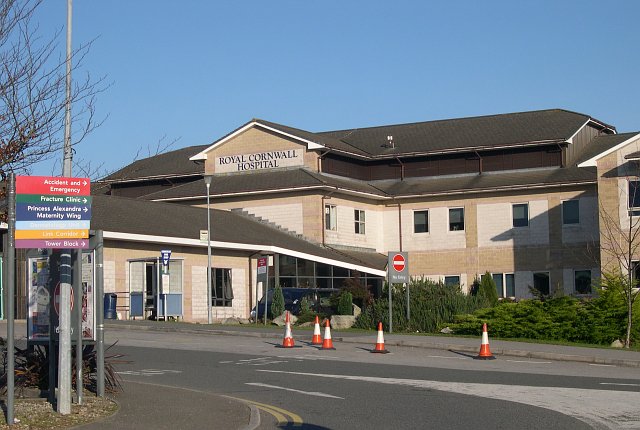 An image of the main entrance of the Royal Cornwall Hospital building at Treliske