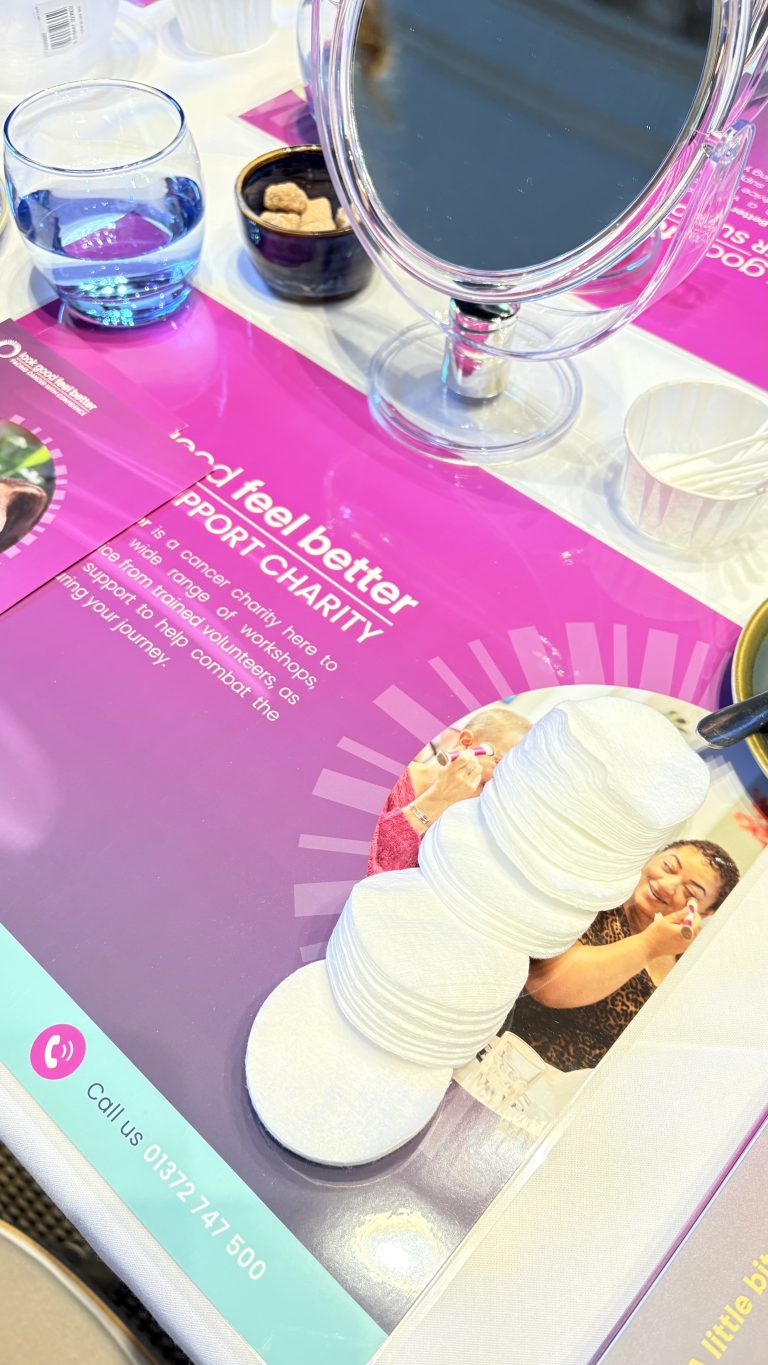 An image of a table with a Look Good Feel Better table mat, including various cosmetic related items, including a mirror, cotton wool pads, cotton buds etc.