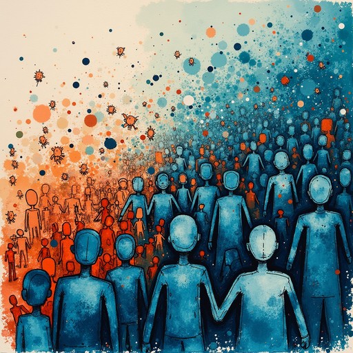 Abstract illustration of a diverse crowd of simplified human figures in shades of blue and orange, gathered together against a colourful background of paint splashes and dots.